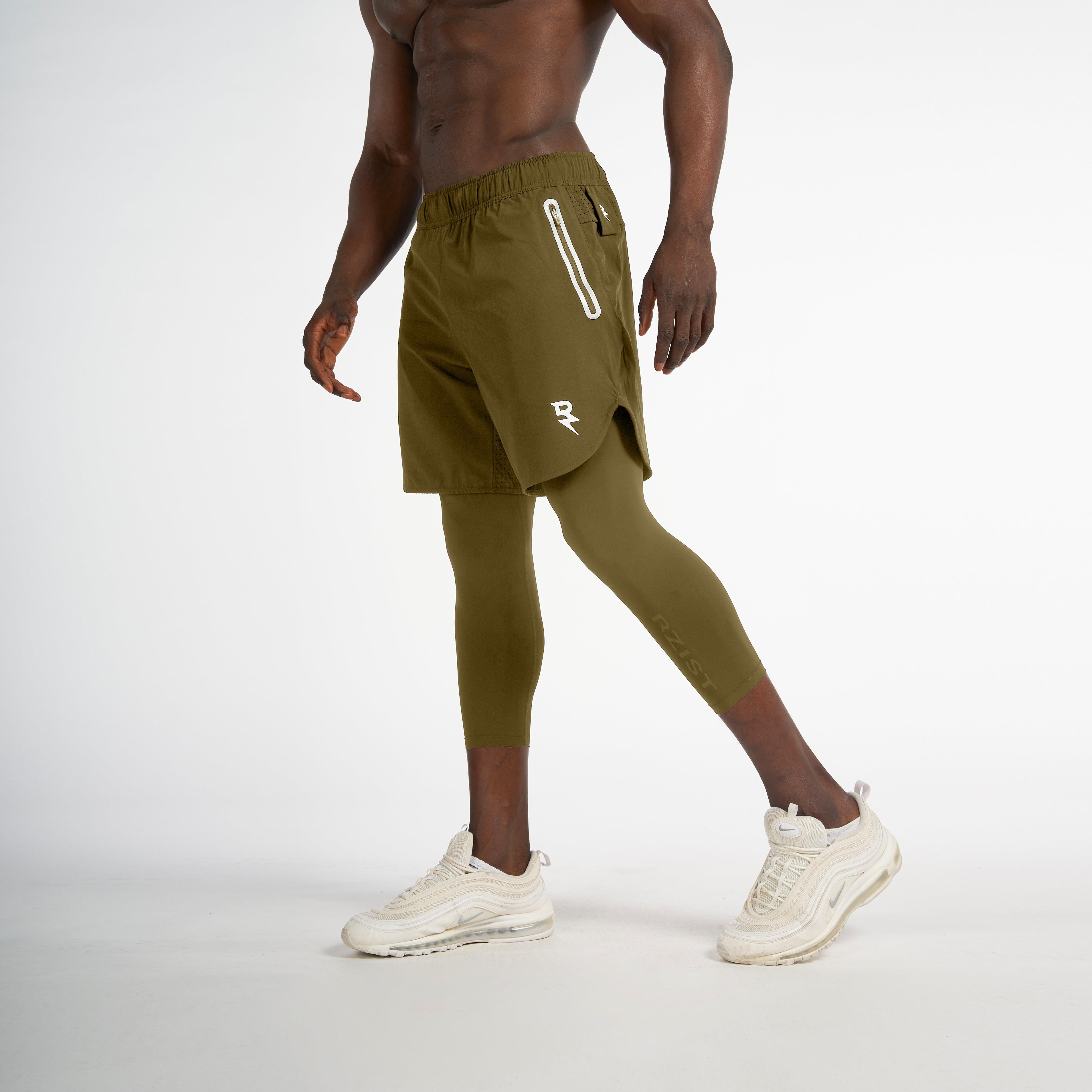 Shorts for Men's Workout By RZIST In Capulet Olive Shorts (Long Tights) - RZIST